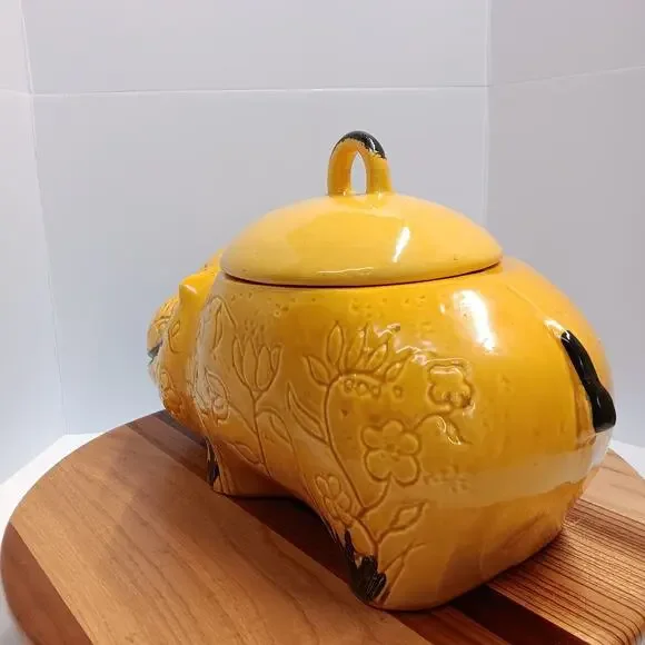 Doranne of CA Smiling Yellow Gold Hippo W/ Flowers Retro Vintage Cookie Jar MCM